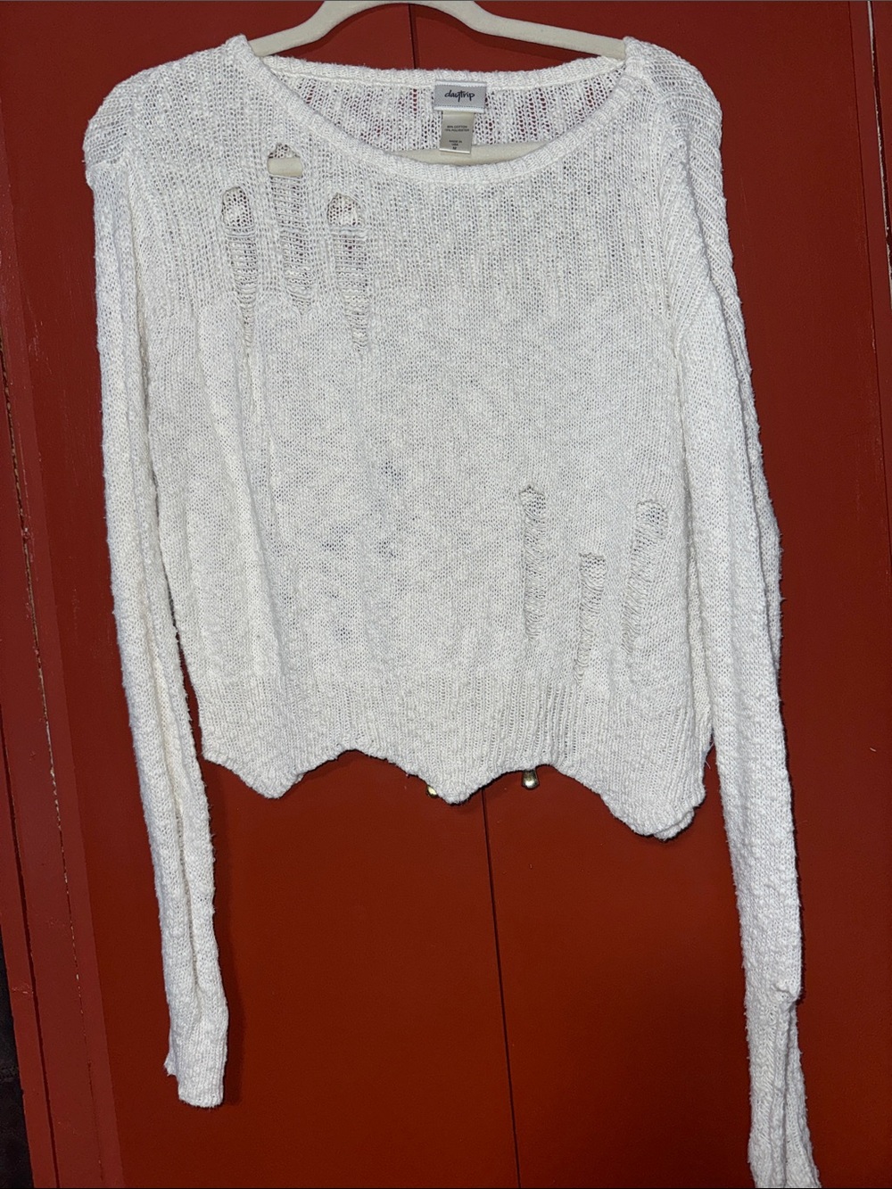 Daytrip Cream Distressed Cropped Knit Sweater